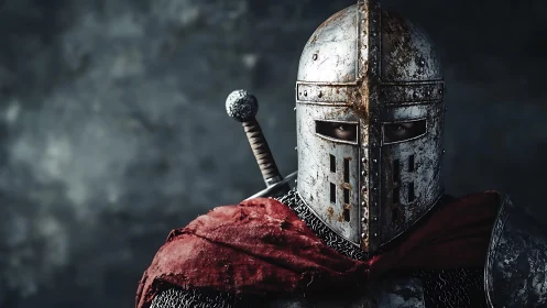 Weathered medieval knight in great helm and red surcoat
