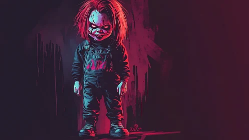 Sinister doll stalks crimson-shadowed hallway of dread.