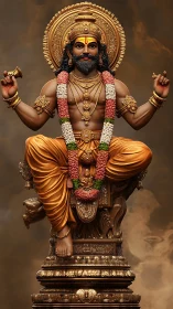 Regal Hindu deity idol seated on ornate golden throne.