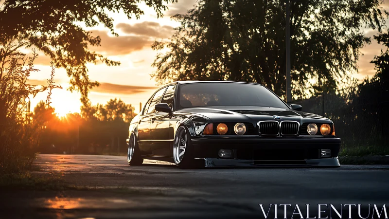 Low-slung black sedan on suburban road at sunset time.