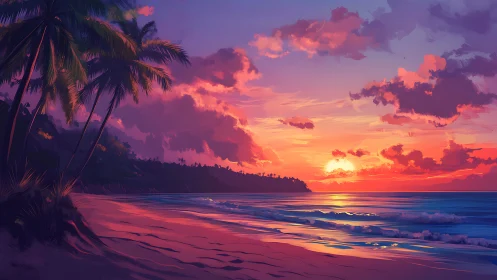 Digital seascape depicts sunset over palm-lined shoreline