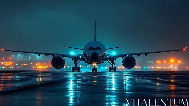 Midnight airliner waits on a glowing rain-soaked runway.