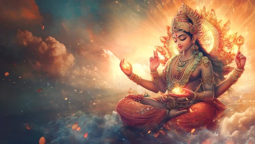 Divine multi-armed goddess meditating in radiant fire aura.