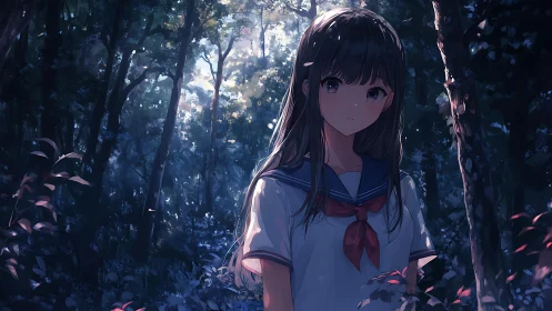 Anime schoolgirl stands in dappled forest light, softly backlit