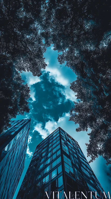 Glass towers rise between dense tree canopy and vivid sky