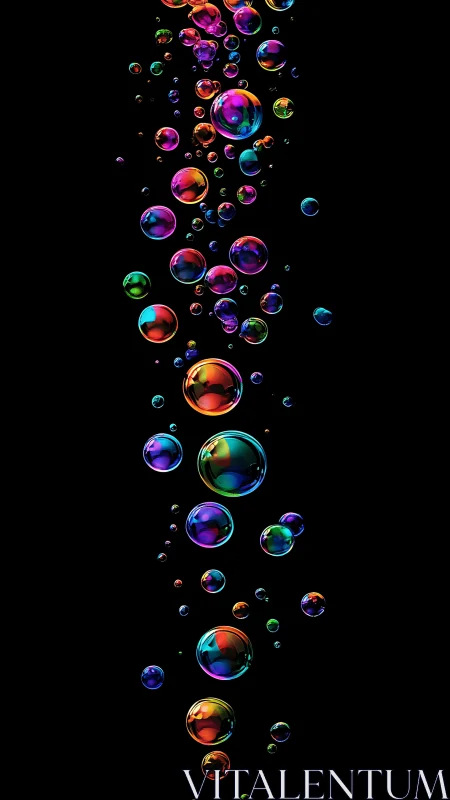 Prismatic bubbles drift upward, threading neon light through dark