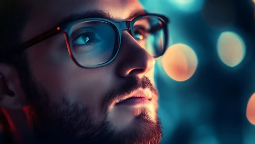 Close-up portrait of man in glasses with neon bokeh light.