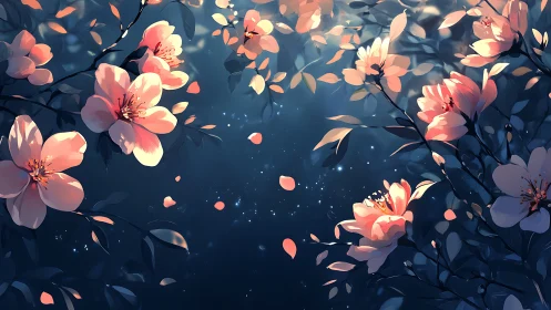 Moonlit blossom drift over a midnight garden dreamscape.