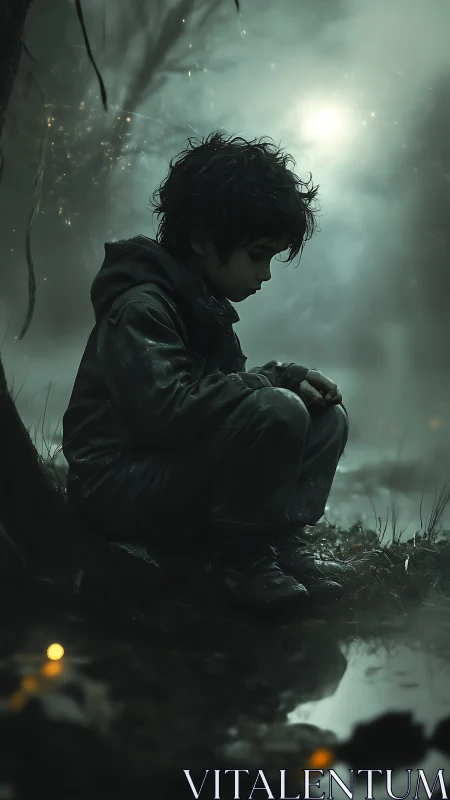 Quiet forest moment with a thoughtful child by moonlit water.