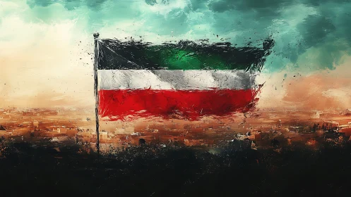 Kuwait flag oil painting over textured desert horizon.