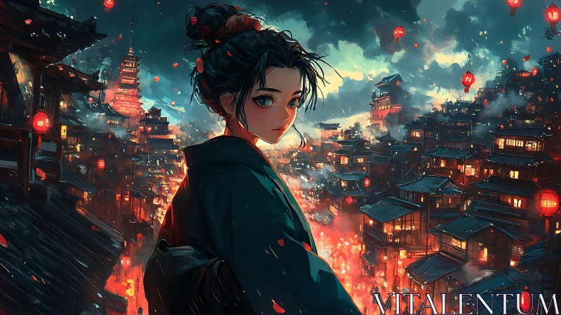 Rain-soaked lantern cityscape with solitary kimono-clad girl