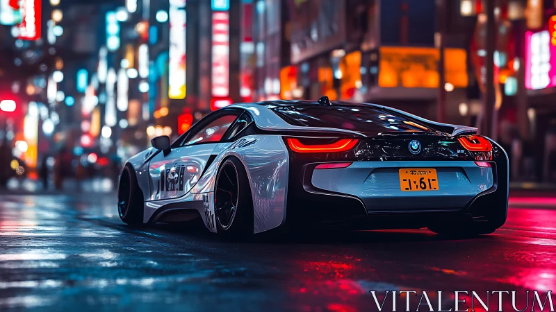 Futuristic BMW sports car glows against neon-soaked urban street