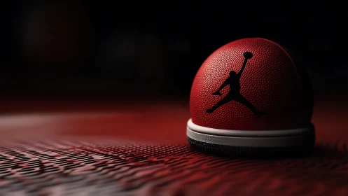 Macro closeup of red textured basketball with silhouette logo