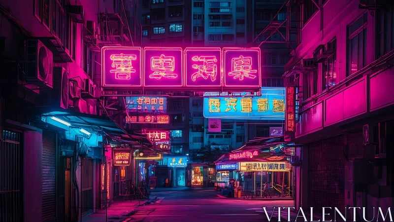 Neon-soaked cyberpunk alley with glowing Hong Kong signs.