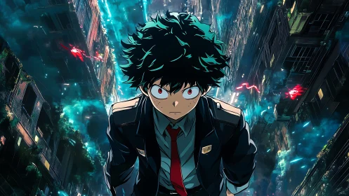 Dynamic anime hero in tilted neon alley with volumetric lighting