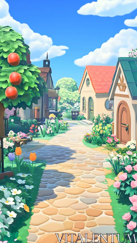 Cartoon village path runs between stylized houses and trees