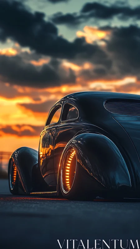Sunset-low cruiser coupe with molten halo wheels purring.