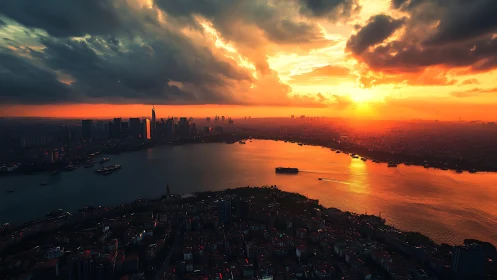 Sunlit river horizon cutting through glowing city skyline.