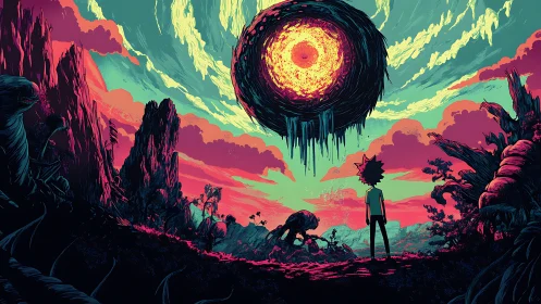 Boy confronts floating fiery eye over alien wasteland