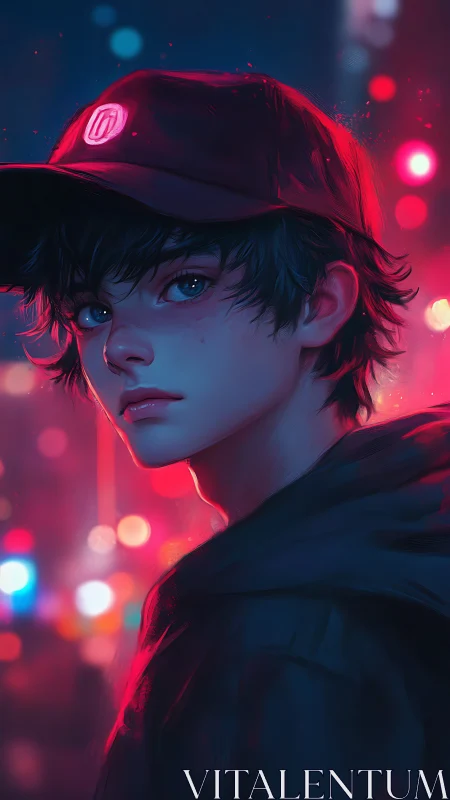 Neon-tipped midnight wanderer listens to the city breathe