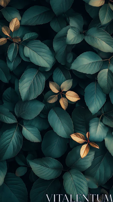 Golden leaves quietly glow among deep teal foliage