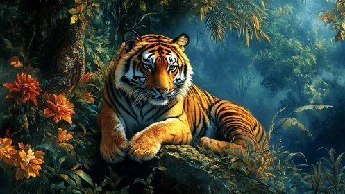 Bioluminescent jungle apex predator in chromatic repose.