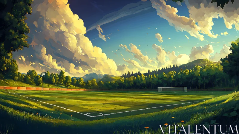 Sunlit football pitch with dynamic clouds and long cast shadows