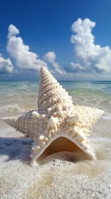Sunlit seashell rests gently where waves meet soft shore