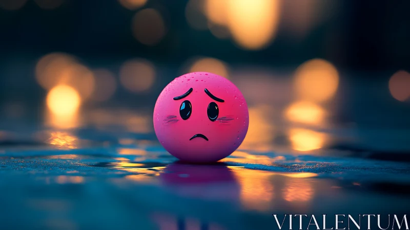 Melancholic neon emoji sphere on wet reflective pavement at dusk.