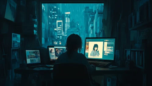 Nighttime digital artist works in rainlit urban studio workspace