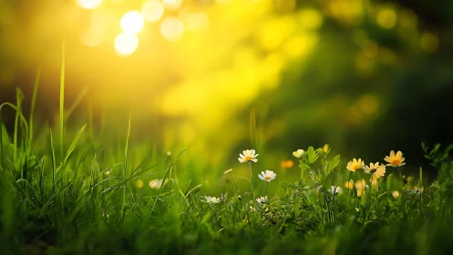 Wild daisies grow in tall grass under strong golden sunlight