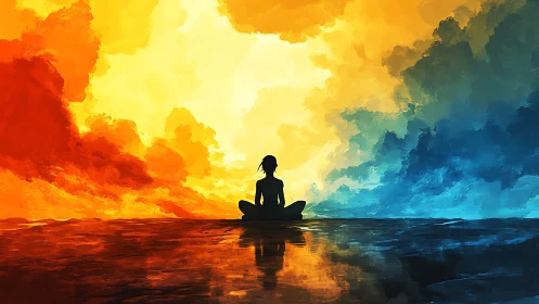 Peaceful figure resting between glowing fire and cool sky.