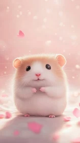 Fluffy baby hamster glows softly amid drifting pink petals