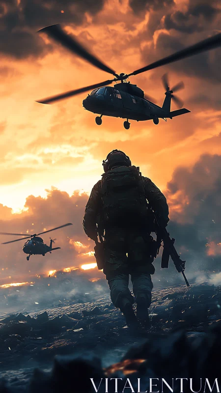 Combat soldier advances under burning extraction sky.
