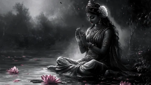 Moonlit lotus goddess in tranquil grayscale river dreamscape.