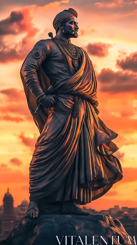 Regal warrior statue blazing against ember drenched sky.