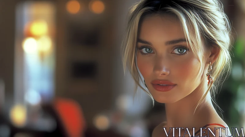 Softly lit portrait captures poised woman in warm interior