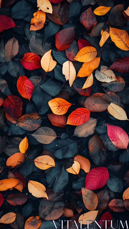 Autumn foliage gradient overlays cool-toned leaf litter substrate