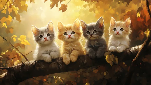 Four kittens sitting on branch with autumn foliage backdrop