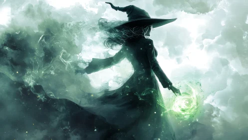 Silhouetted witch casting green magic in cloudy atmosphere.