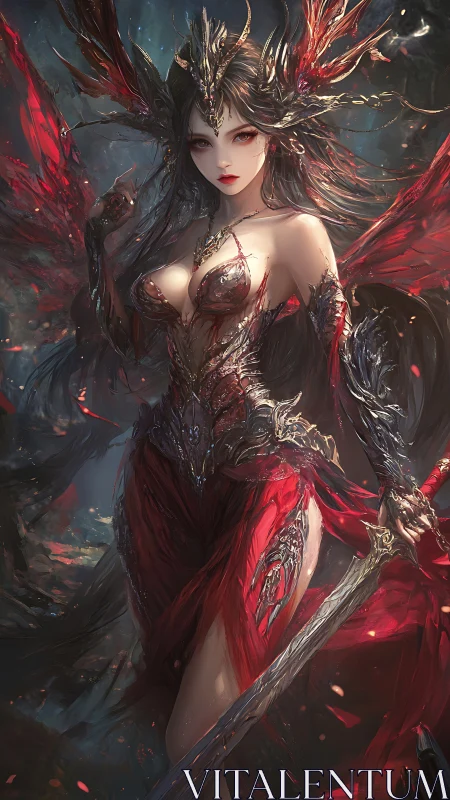 Crimson winged warlady ascends from molten twilight steel.