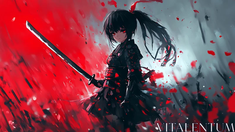 Samurai girl with katana amid red and gray abstract field.