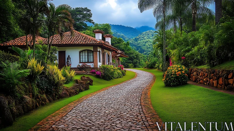 Cobbled garden path curves past rustic villa into lush mountains