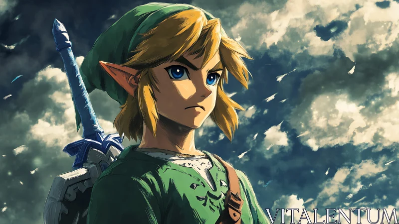 Elf-like swordsman portrait is rendered against cloudy sky