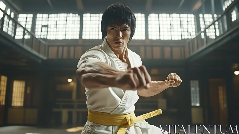 Martial artist executes forward punch in softly backlit dojo