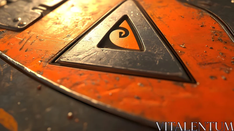 Close-up of Industrial Metal Plate with Orange Triangle Symbol.