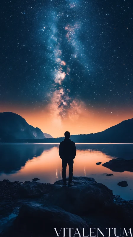 Silhouette contemplates the Milky Way above a glowing lake