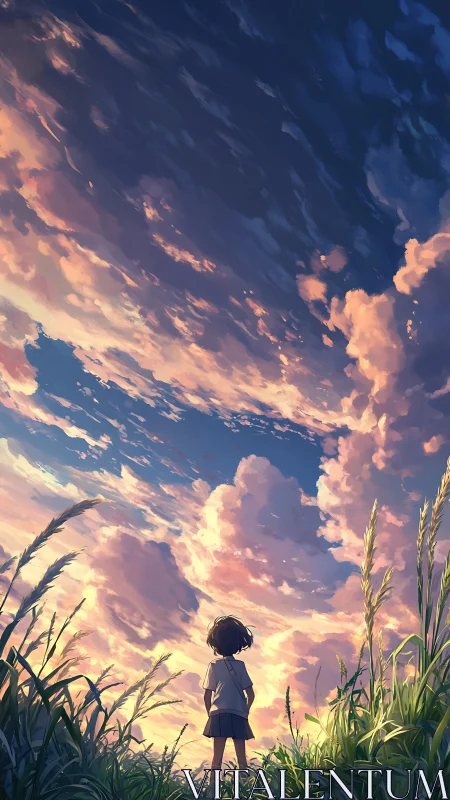 Child gazes upward as summer clouds unscroll a painted sky