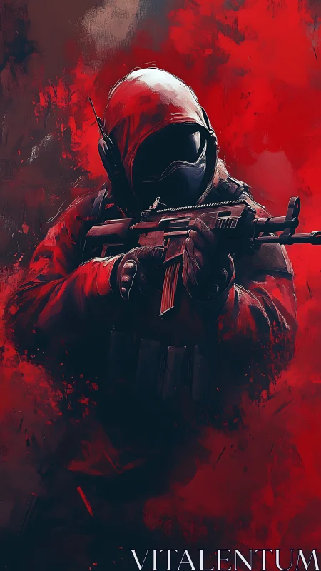 Tactical soldier with rifle in red abstract combat haze.