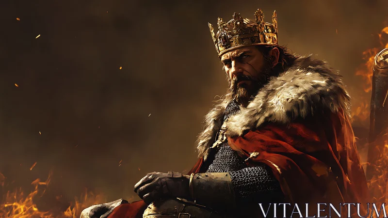 Battle-scarred medieval king in fur cloak amid rising embers